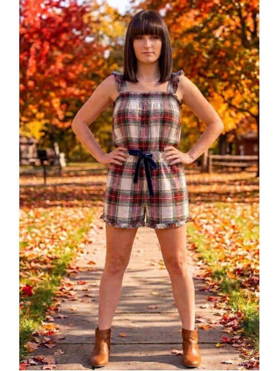 aerie Pants - Women's Aerie Flannel Romper size Medium Red White Plaid Flannel Sleep Fall NWT